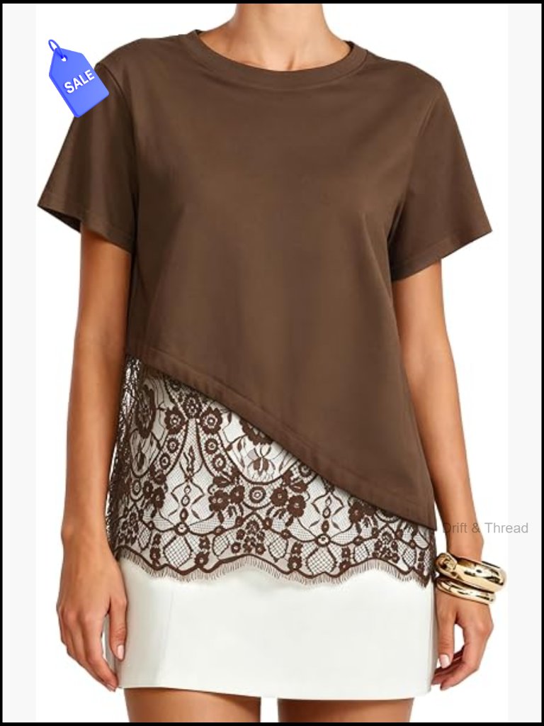 Cotton Short Sleeve Lace Patchwork Blouse Crew Neck Relaxed Fit Summer Top